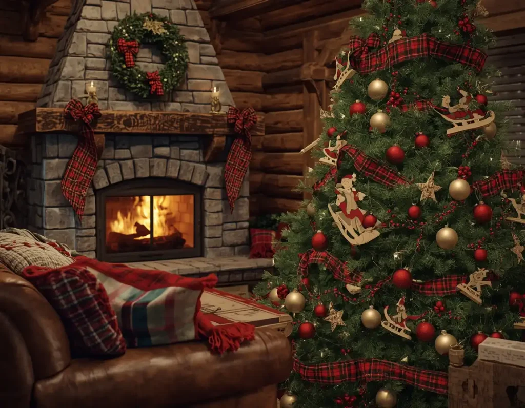 Cabin-style Christmas tree with red plaid ribbon, red and gold ornaments, and sled ornaments next to a stone fireplace with a plaid bow wreath