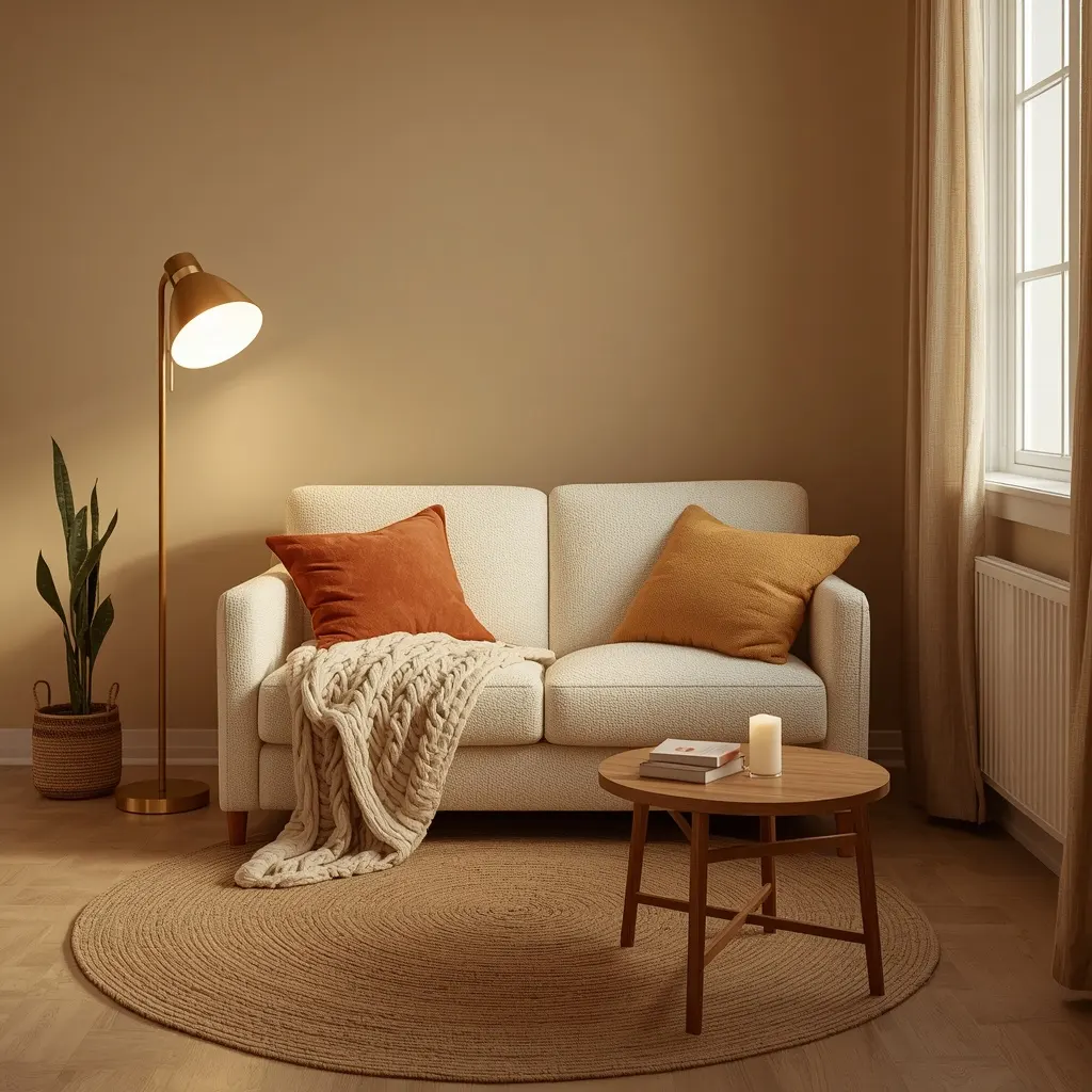 Small sitting room with a cream boucle loveseat, rust pillows, a knit throw, a brass floor lamp, and a jute rug in golden evening light
