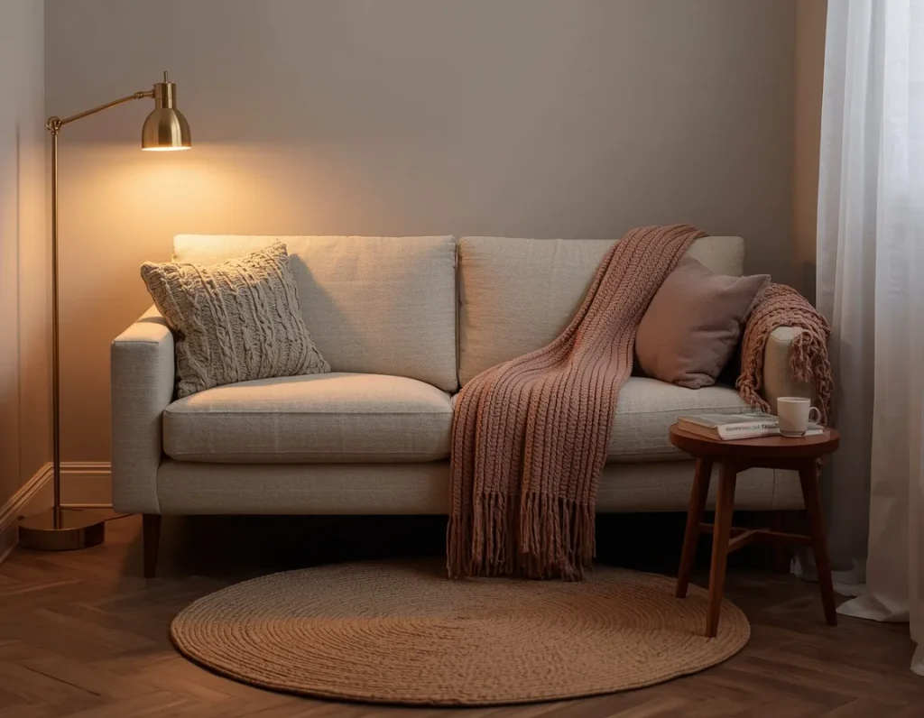 Cozy sitting room ideas with a cream linen sofa, a blush knit throw, a glowing brass floor lamp, and a round jute rug on a herringbone floor