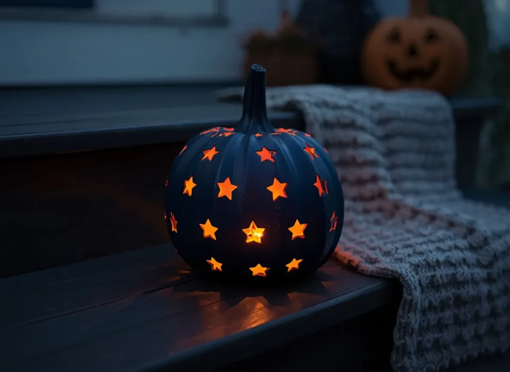 Navy blue plastic pumpkin with star shaped cut outs glowing orange from a light inside, on dark porch steps beside a grey knit blanket