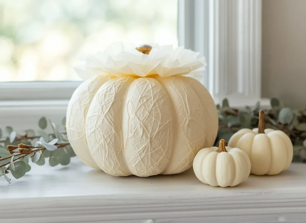 Plastic pumpkin covered in textured cream tissue paper with a ruffled tissue top and a brass knob stem on a white window ledge beside two mini white pumpkins and eucalyptus