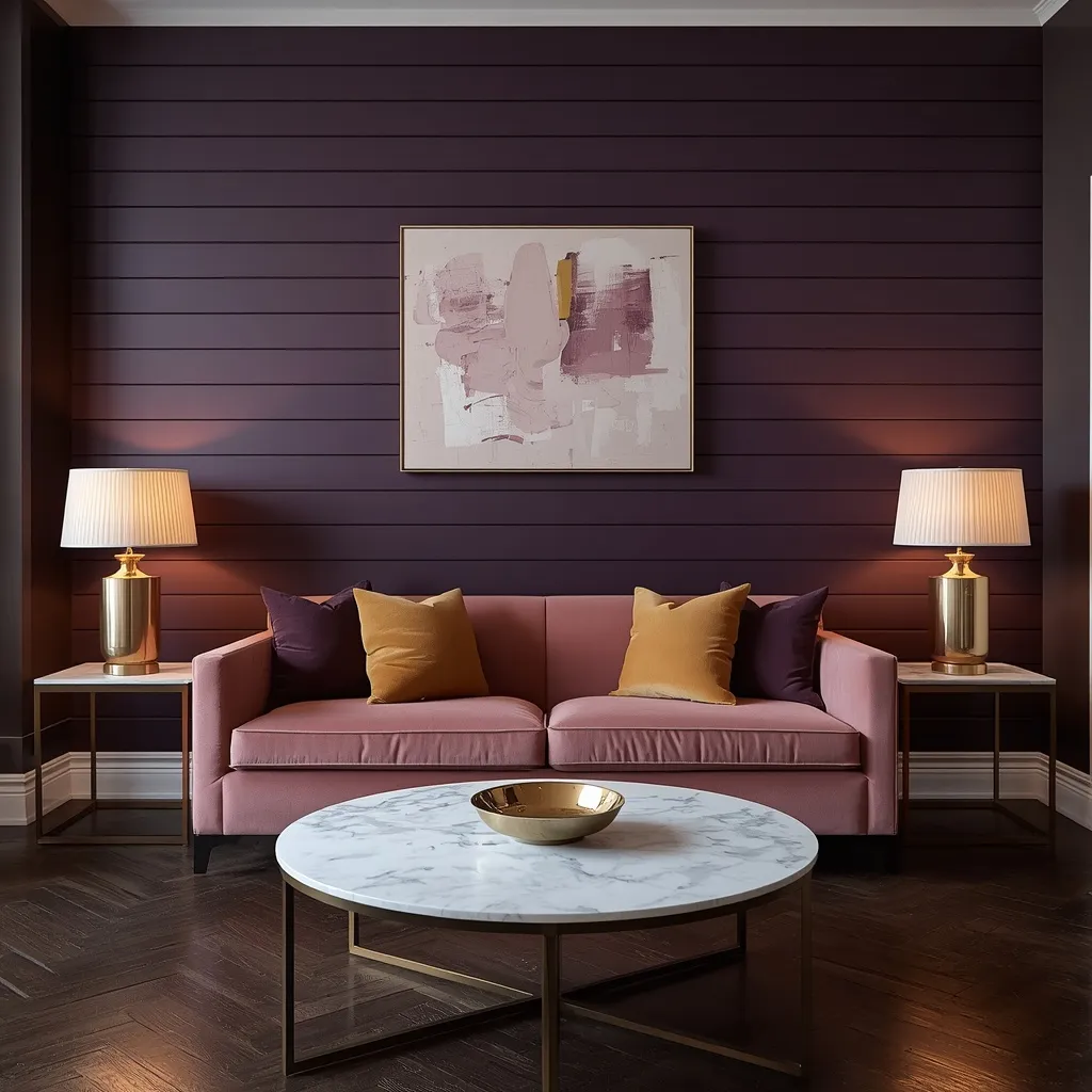 Shiplap wall ideas for living room spaces shown with deep aubergine horizontal shiplap, a blush velvet sofa, brass lamps, and a round marble coffee table