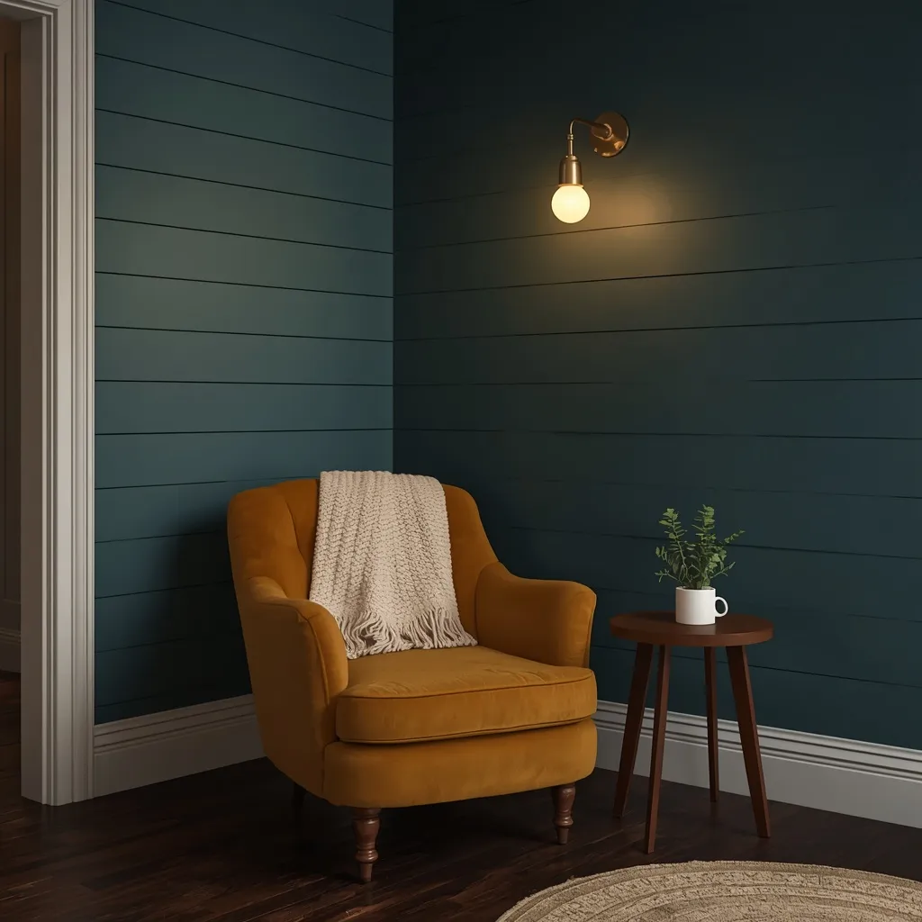  Deep teal horizontal shiplap corner with a mustard velvet armchair, a cream knit throw, a brass wall sconce, and a small walnut side table