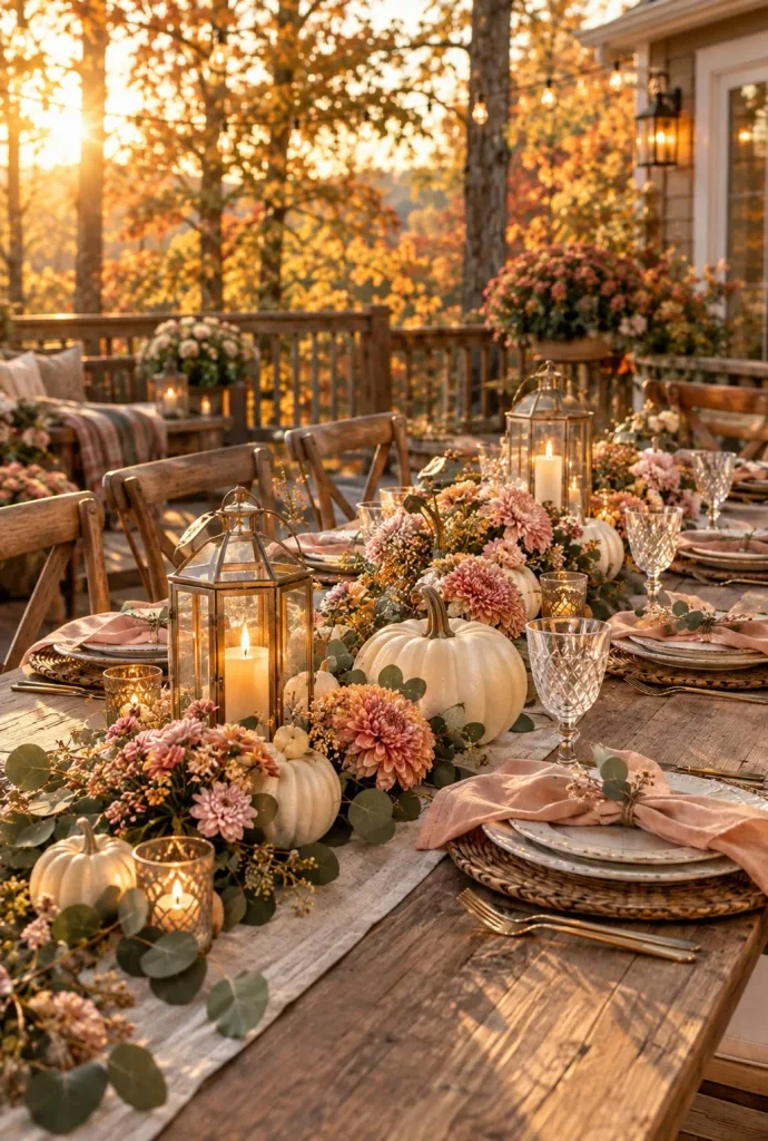 Outdoor Thanksgiving table with white pumpkins, blush pink mums, peach napkins and glowing lanterns