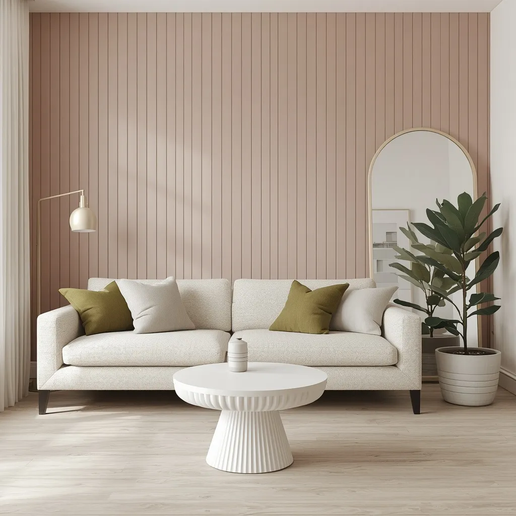  Dusty pink vertical shiplap behind a cream boucle sofa with olive pillows, a white fluted coffee table, an arched floor mirror, and a fiddle leaf fig