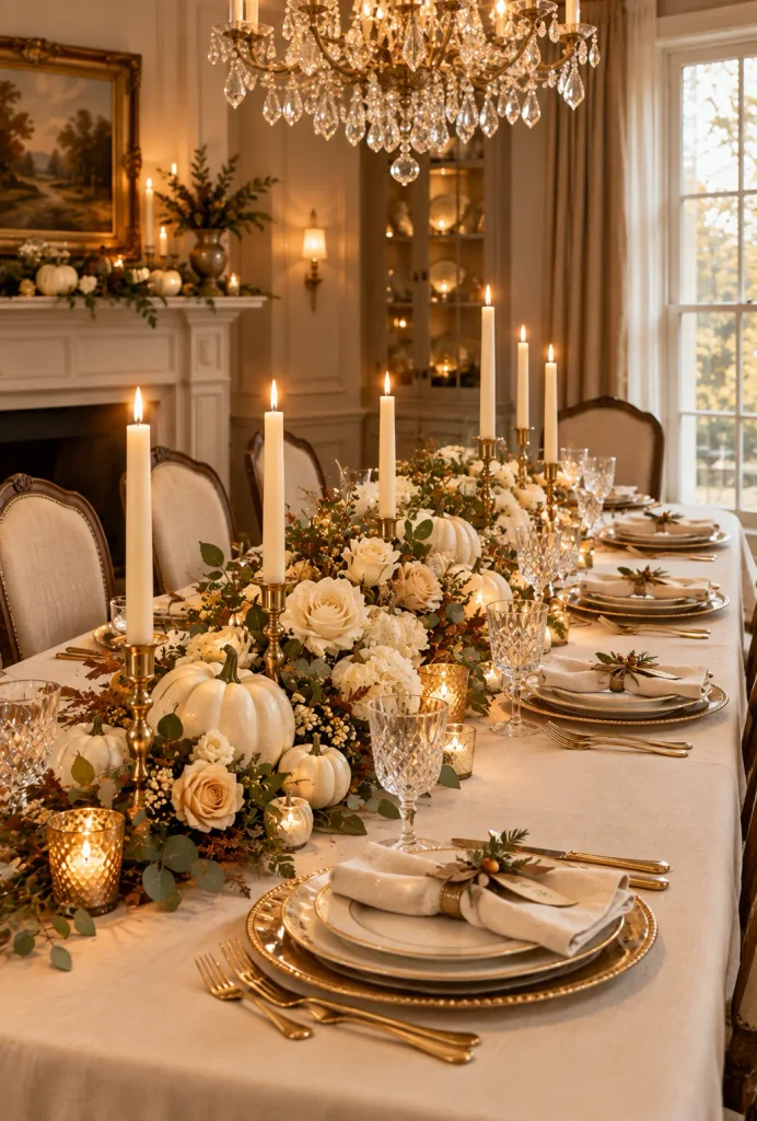 Cream and gold Thanksgiving table with white pumpkins, cream roses and tall taper candles