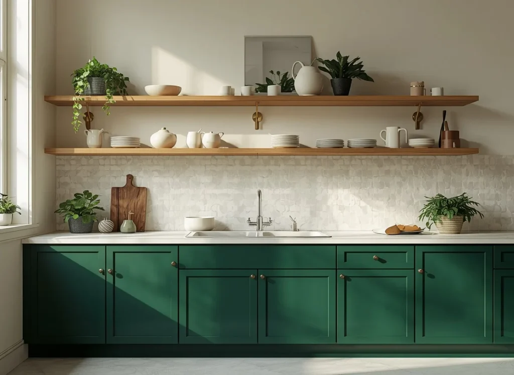 Emerald green lower kitchen cabinets with brass knobs, a white zellige backsplash, and two open wood shelves with white dishes and plants
