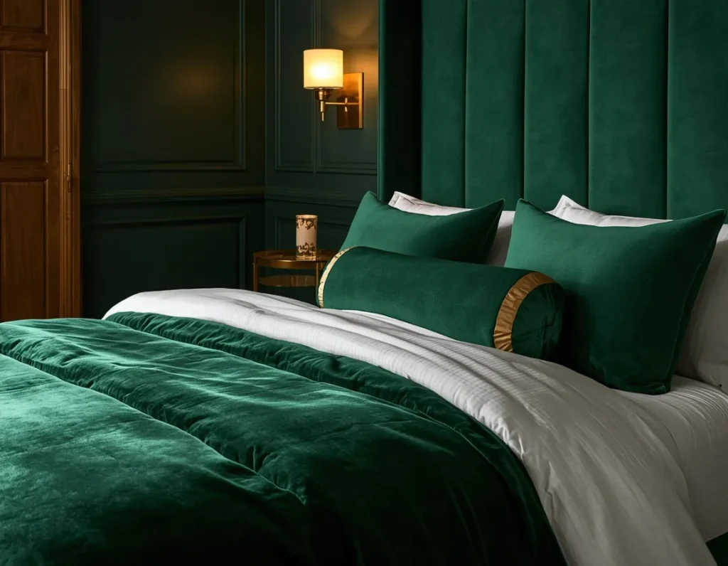 Emerald green velvet duvet with a gold banded bolster pillow and green velvet pillows against a tall green channel tufted headboard