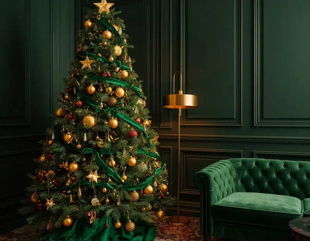 Emerald green velvet ribbon Christmas tree with gold ornaments and a gold star beside a green velvet sofa and dark green paneled walls