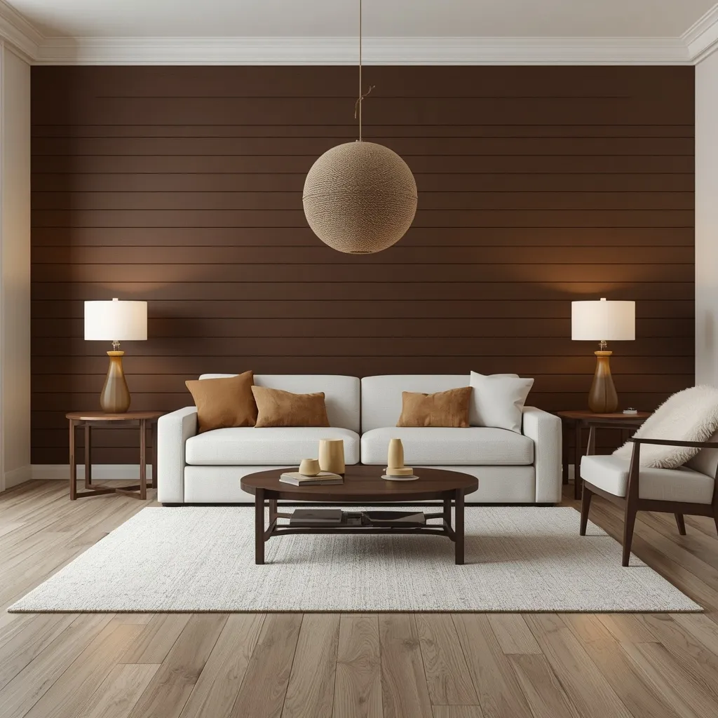 Espresso brown horizontal shiplap behind a cream sofa with caramel pillows, amber glass lamps, a round rope pendant, and a walnut coffee table