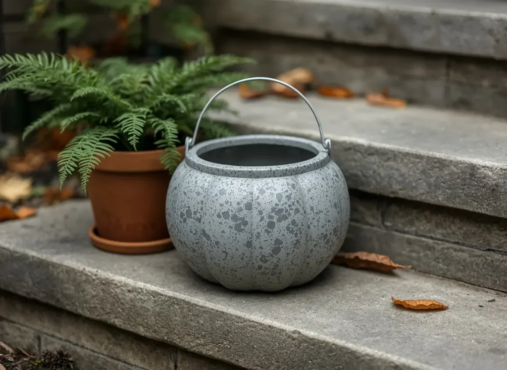 Plastic pumpkin bucket painted grey with dark speckles to look like stone, on concrete steps beside a potted fern and fallen leaves