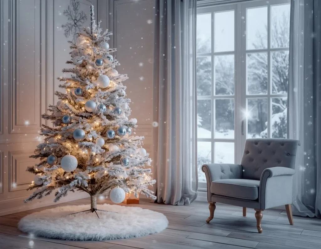 Flocked white Christmas tree with silver and white ornaments and warm lights on a faux fur skirt beside a snowy window and a gray armchair