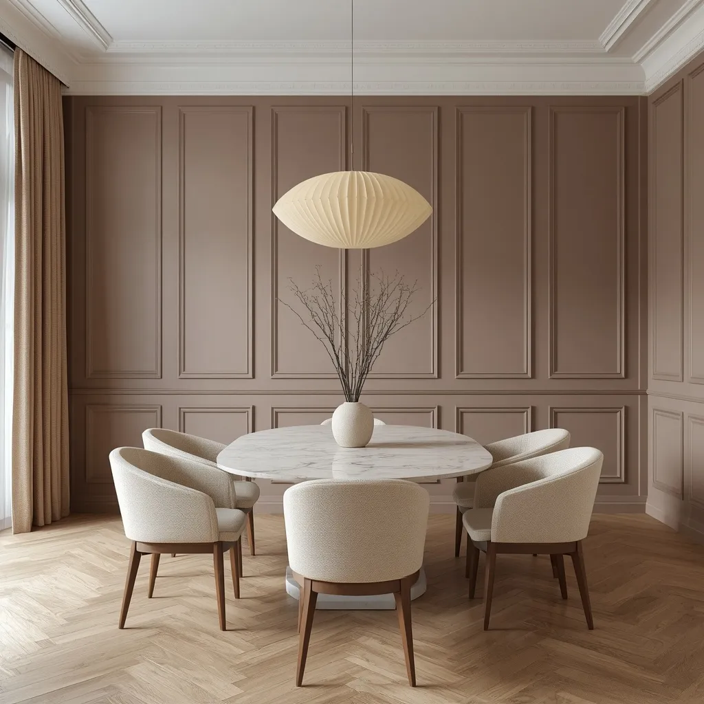 Mushroom taupe picture frame molding covering a full dining room wall, with an oval marble table, cream boucle chairs, and a pleated paper pendant