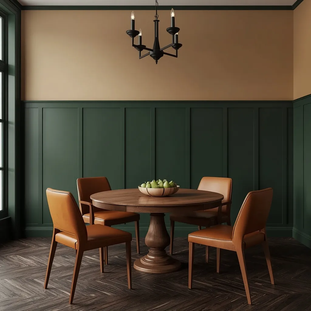 Forest green board and batten wainscoting under camel walls, with cognac leather chairs around a round wood pedestal table