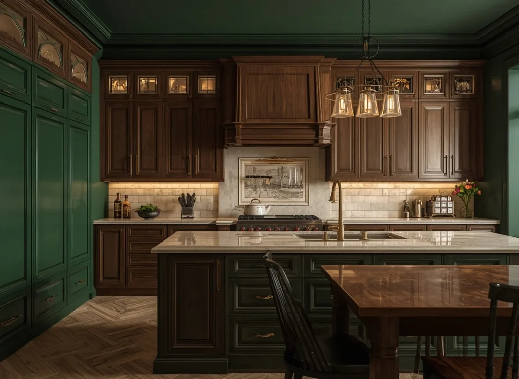 Moody kitchen with forest green tall cabinets and island, dark walnut wood upper cabinets, a marble island top, and brass lighting