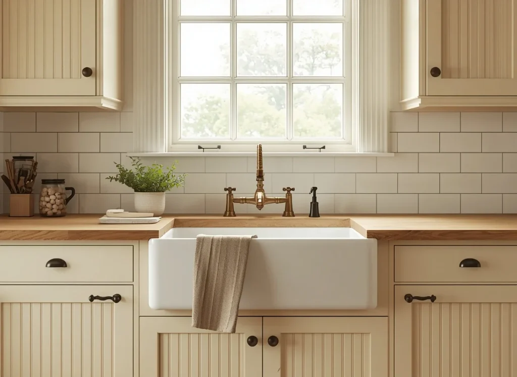 Cream beadboard kitchen cabinets with dark bronze pulls framing a white farmhouse sink with an aged brass bridge faucet and butcher block counters