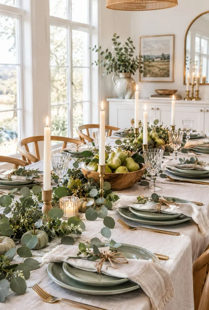 Sage green plates, eucalyptus sprigs and white taper candles on a white linen Scandinavian table