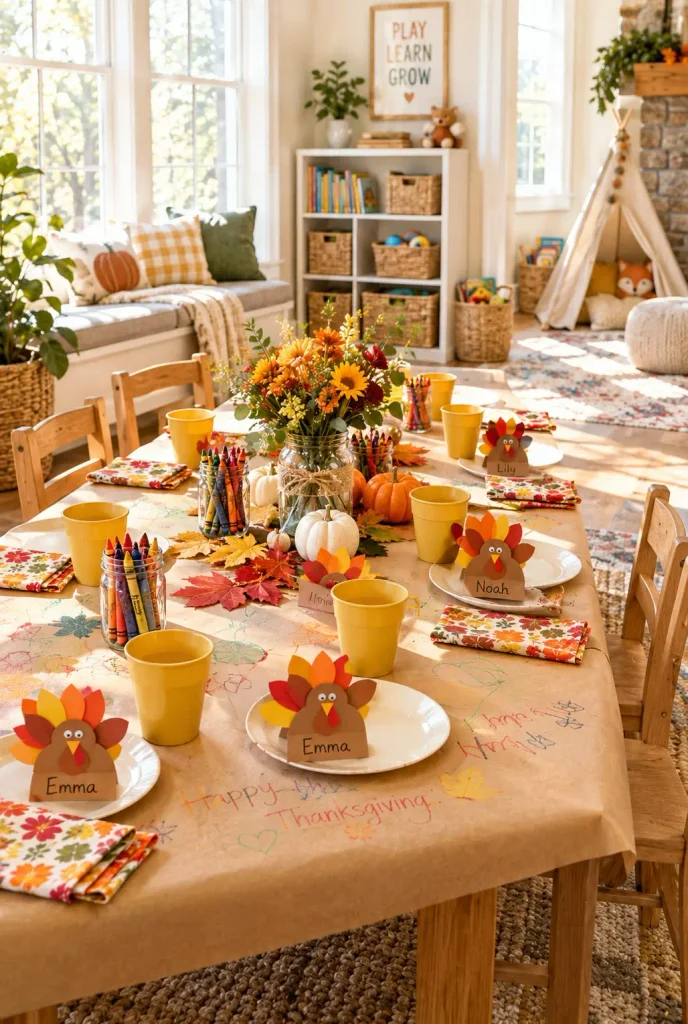 Kids Thanksgiving table with kraft paper, mustard yellow cups, paper turkey place cards and crayons