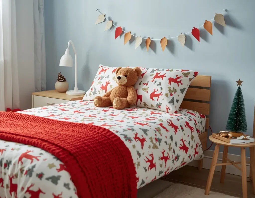 Kids bed with reindeer print sheets, a red knit blanket, a teddy bear, a paper garland, and a mini Christmas tree