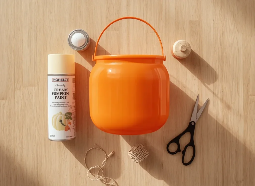  Plastic pumpkin bucket DIY supplies with an orange plastic bucket, cream spray paint, a wooden knob, twine, and scissors on a sunny wood table