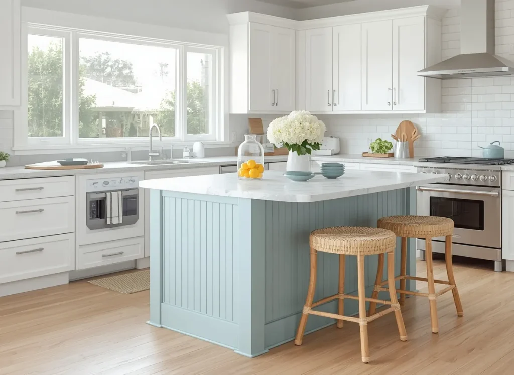 Powder blue beadboard kitchen island with a white marble top, two woven rattan stools, a jar of lemons, and white hydrangeas in a bright coastal kitchen