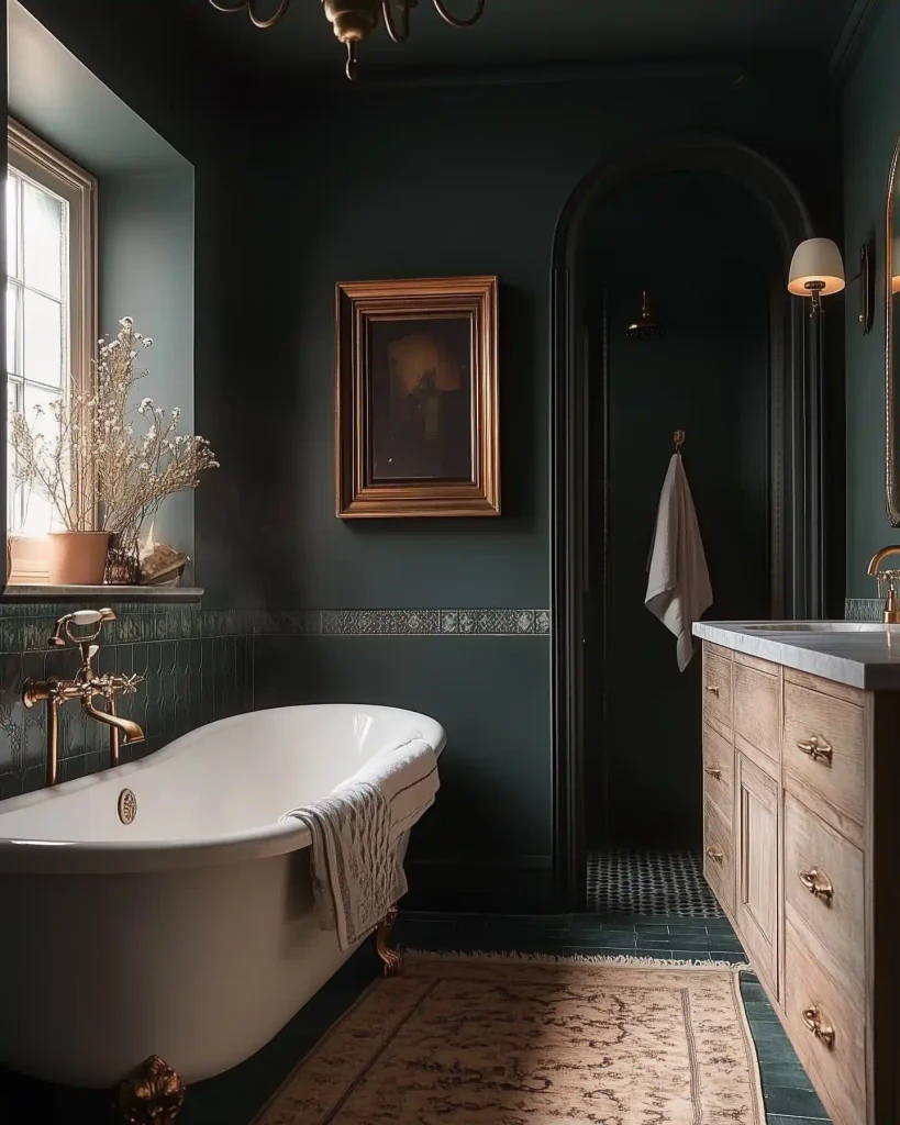 Dark green painted bathroom with a white clawfoot tub, a brass tub filler, an oak vanity, a gilt framed painting, and a soft vintage rug