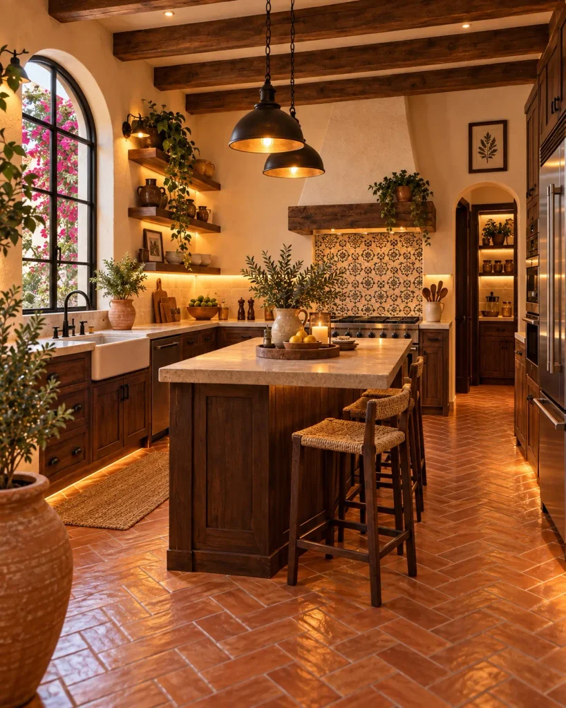 Mexican kitchen aesthetic with dark wood beams, herringbone terracotta floors, a wood island with rush stools, and an arched window