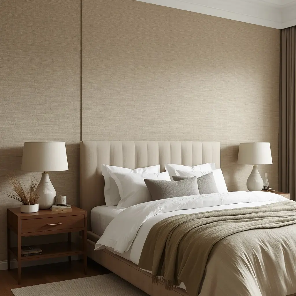  Sand colored grasscloth wallpaper behind a cream channel tufted headboard with white bedding, gray pillows, and cream ceramic lamps