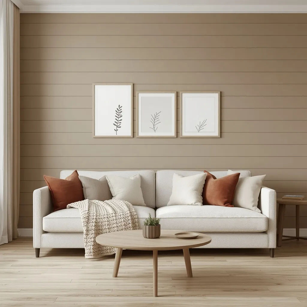  Warm greige horizontal shiplap with three oak frames of simple leaf drawings above a cream sofa with rust pillows and a knit throw