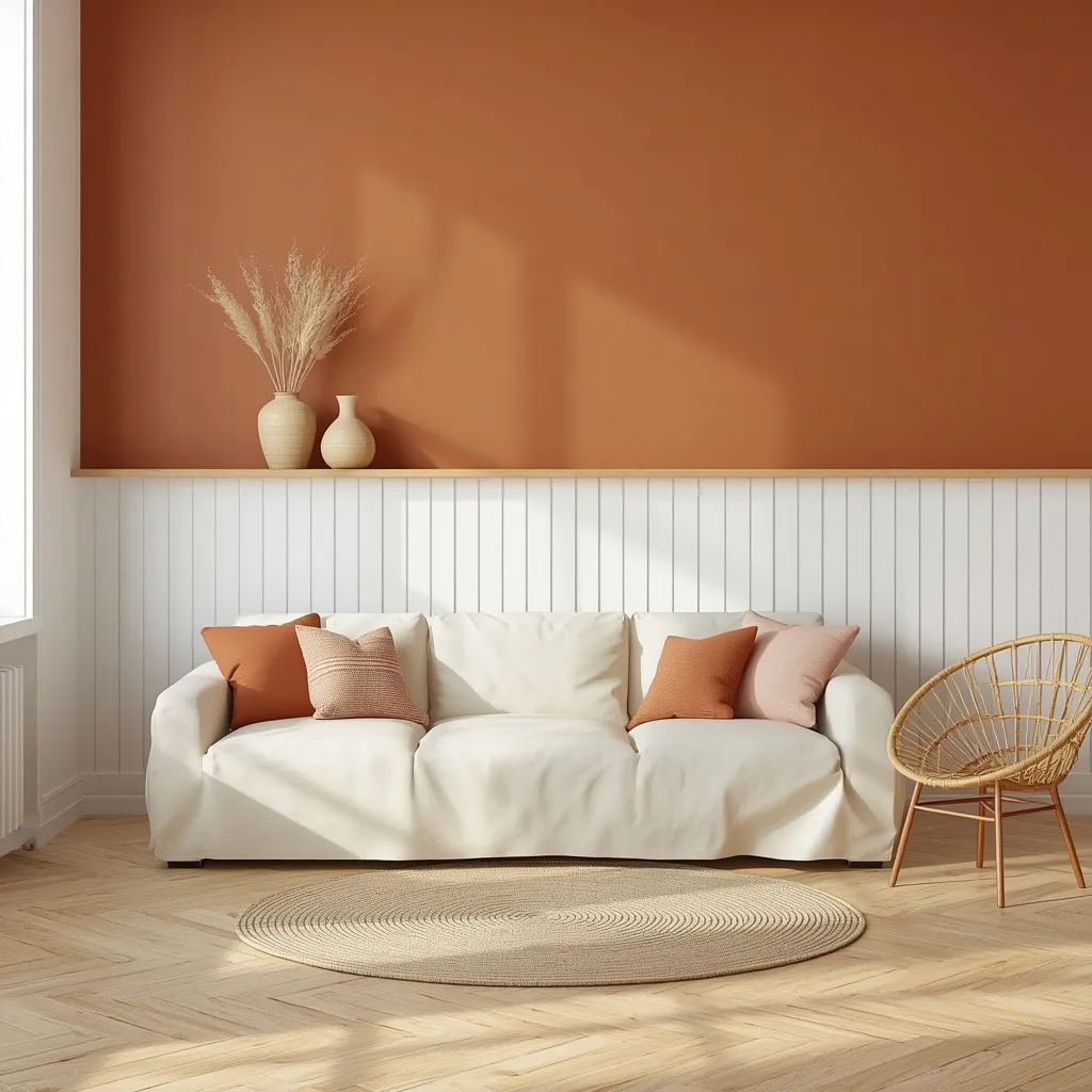 White vertical shiplap on the lower half of the wall with terracotta paint above, a thin oak ledge with cream vases, and a cream slipcovered sofa