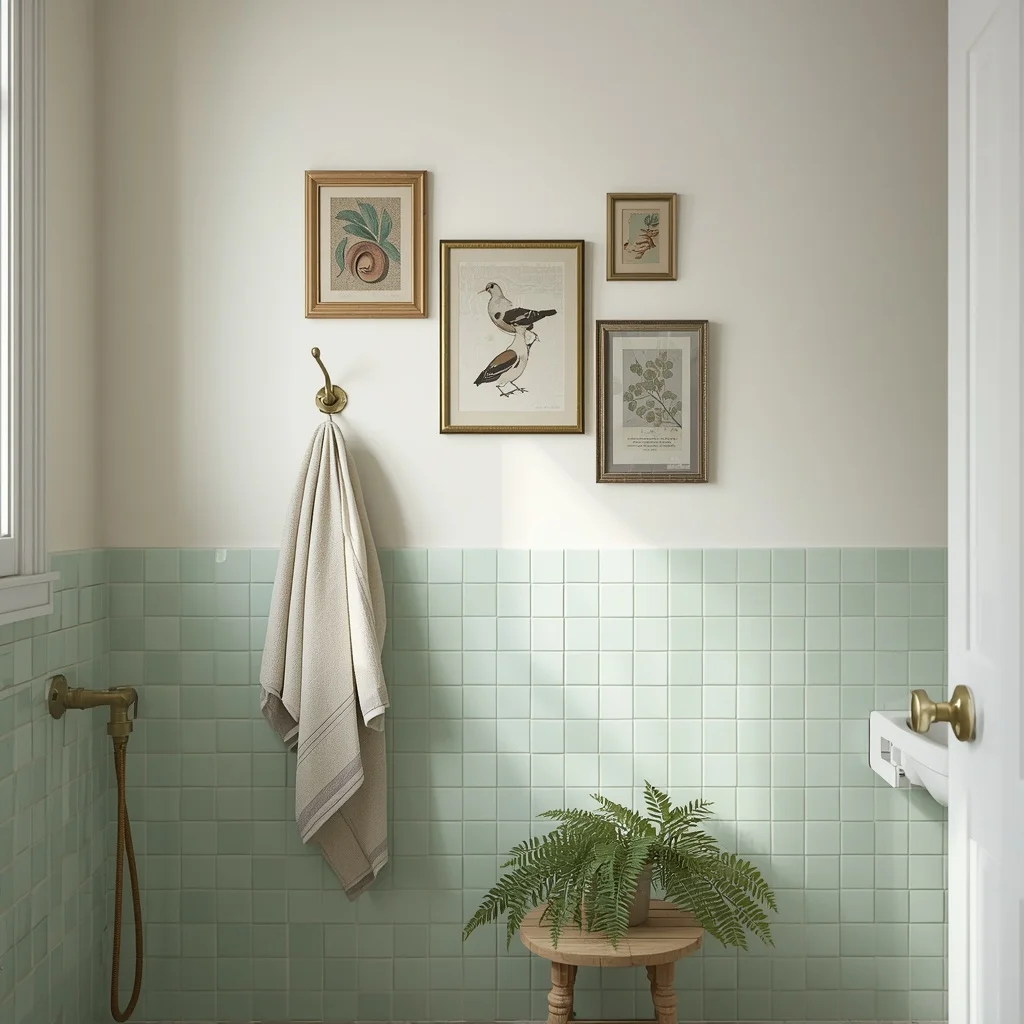 Mint green square tile with a warm white upper wall holding four framed vintage bird and botanical prints, a brass hook, and a fern on a stool