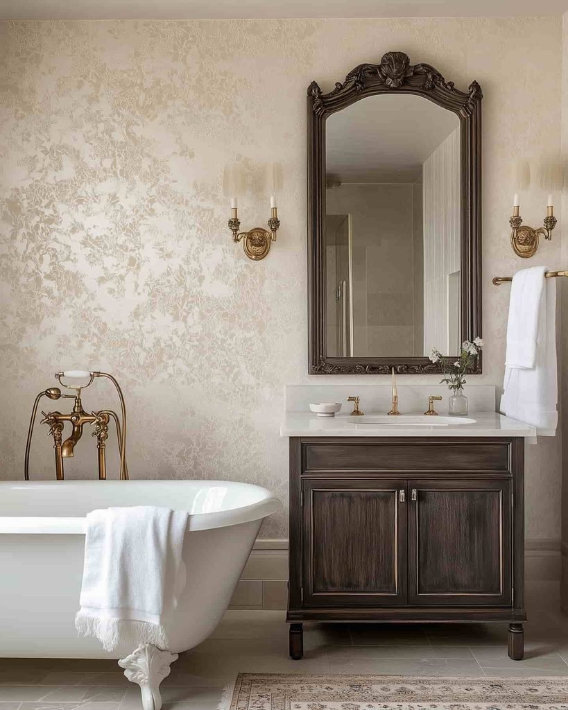 Dark carved wood mirror above a dark wood vanity with a marble top, brass candle style sconces, and a white clawfoot tub with a brass tub filler