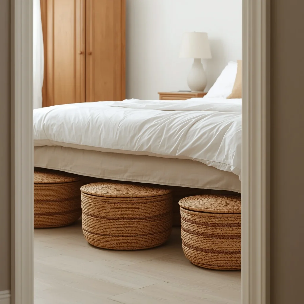  Round lidded seagrass baskets tucked under a bed with a white duvet and a linen bed skirt, seen through an open doorway