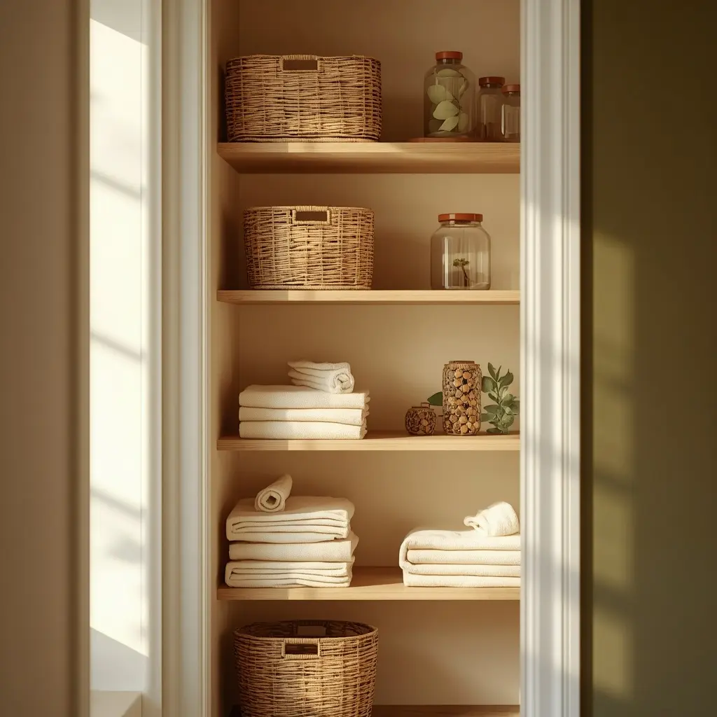 Linen closet with folded cream towels, woven baskets and glass jars
