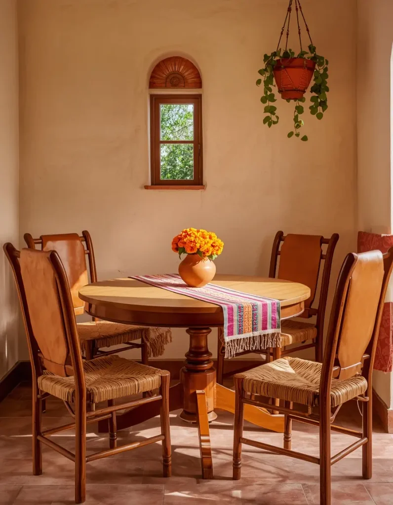 Cozy breakfast nook with equipal chairs and a vase of marigolds