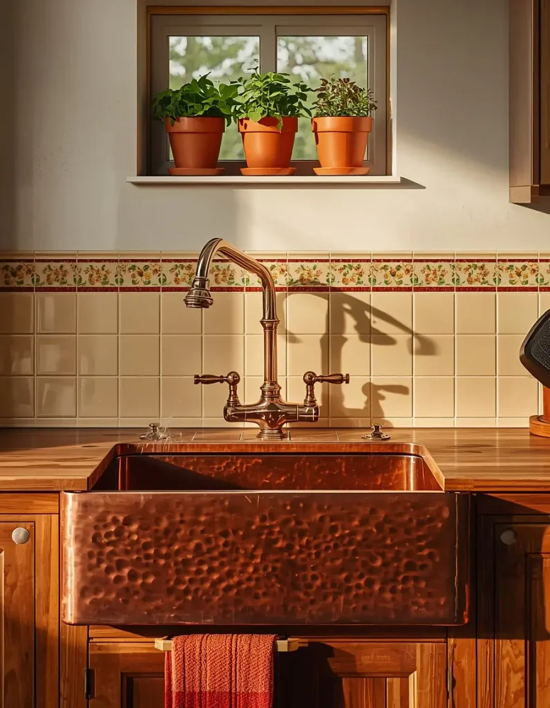 Hammered copper farmhouse sink with a copper bridge faucet below a window ledge of potted herbs