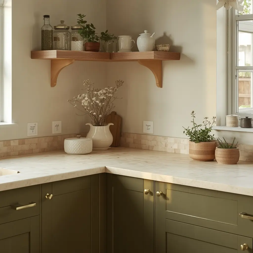 Olive green kitchen cabinets with cream countertop and wooden corner shelf