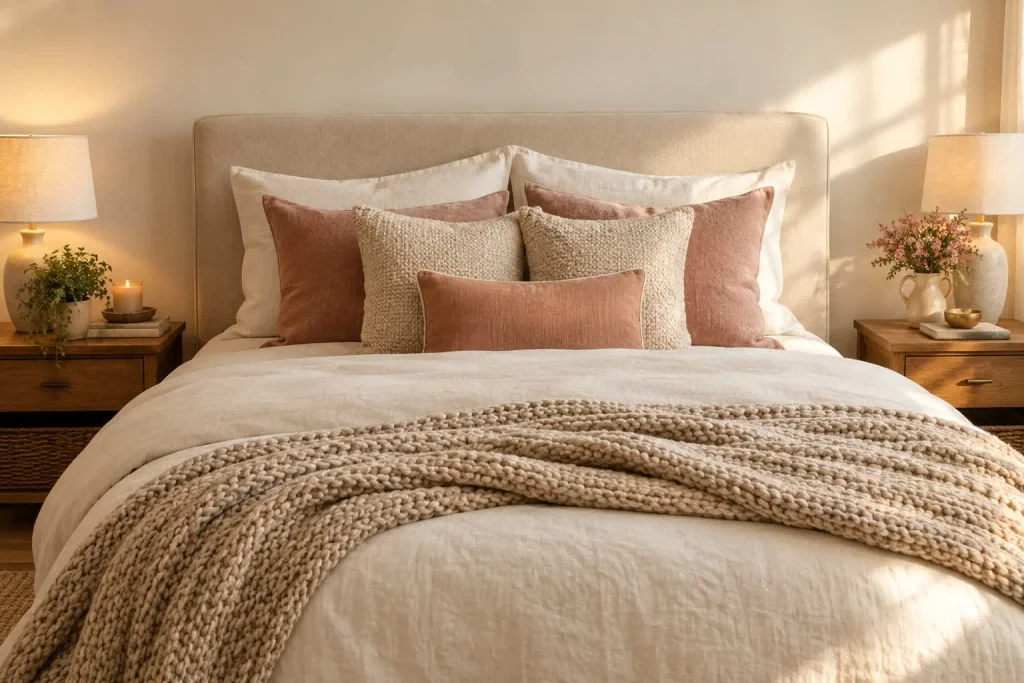 Room makeover bedroom with layered cream bedding and a chunky knit throw