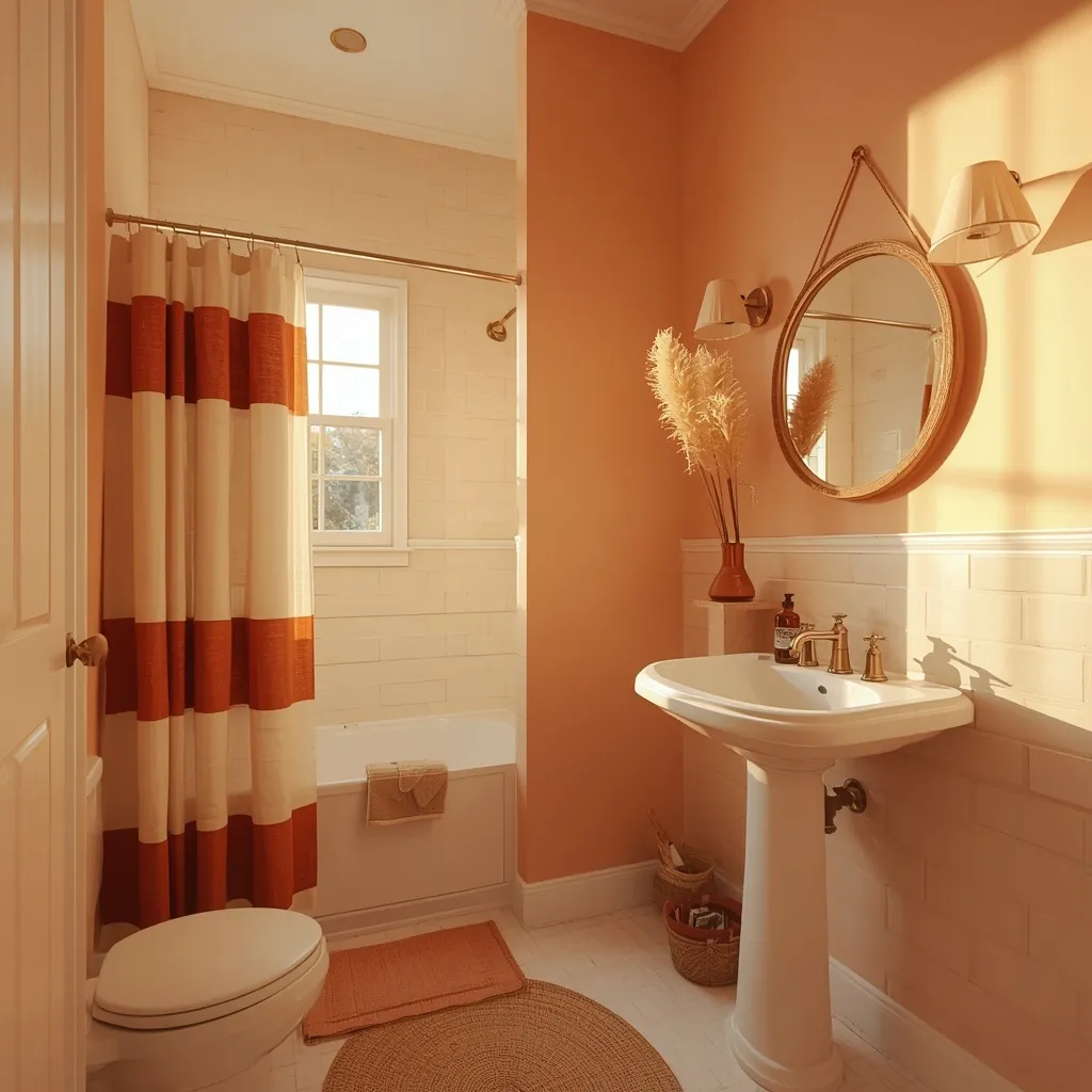 Peach painted bathroom with cream subway tile, a rust and cream striped shower curtain, a round rattan mirror, pleated sconces, and a round jute rug