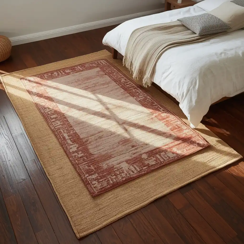  Faded rust and cream vintage style rug layered over a larger jute rug on a dark wood floor beside a bed with a cream fringed throw
