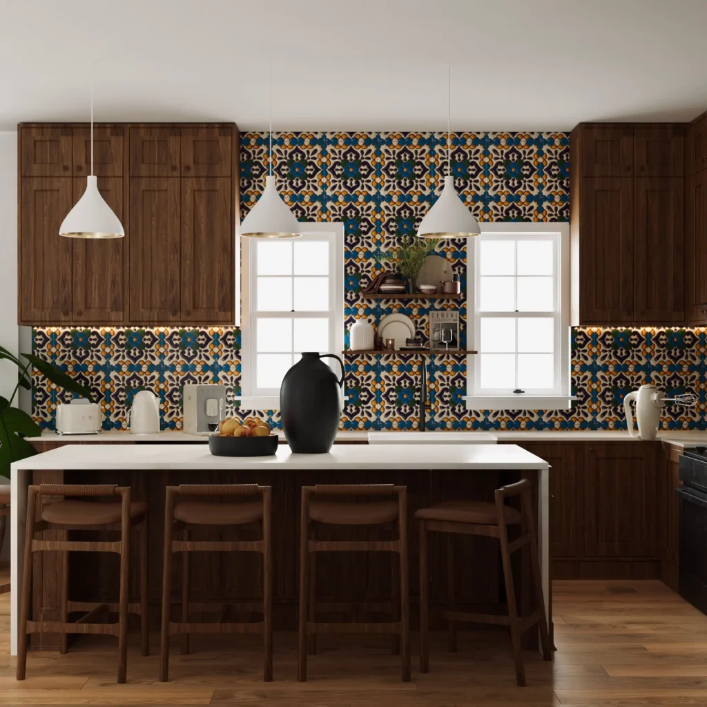 Blue, mustard, and green Talavera tiles covering a kitchen wall around two windows above walnut cabinets and a white island