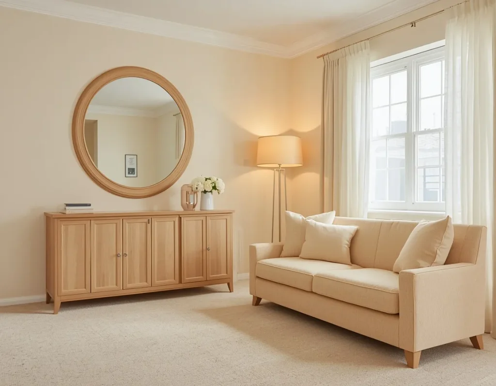 Cream room with a large round wood-framed mirror above a light oak sideboard, a beige sofa, a floor lamp, and sheer curtains