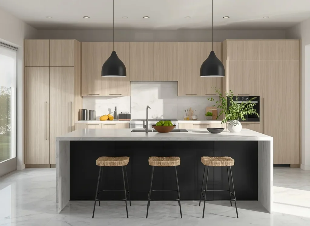 Modern two-tone kitchen with light wood flat front cabinets, a black island with a white marble waterfall countertop, and woven counter stools