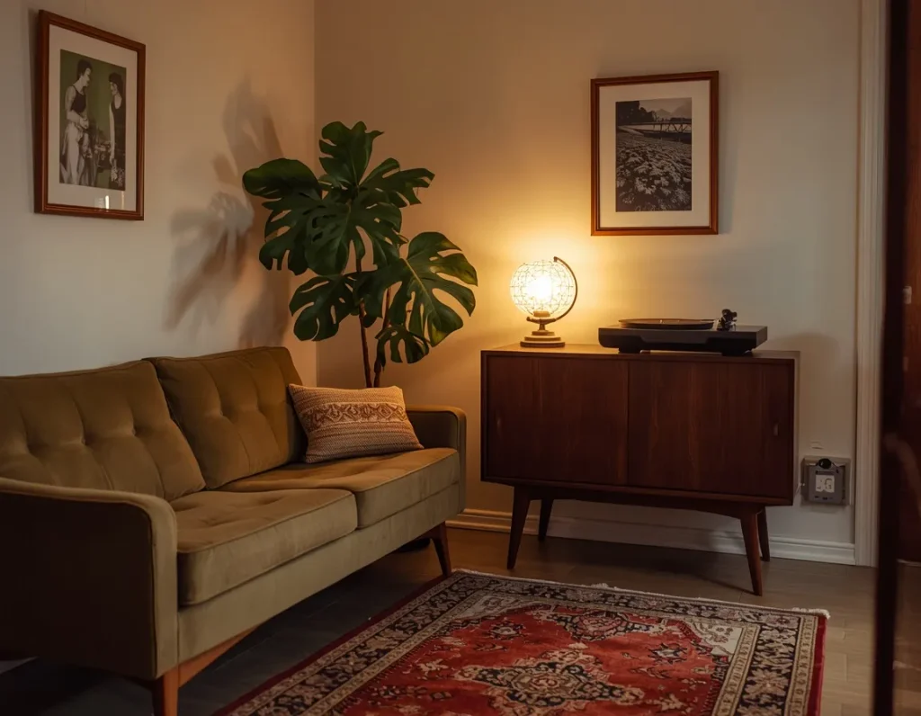 Olive velvet tufted sofa next to a walnut sideboard with a record player and a globe lamp, a monstera plant, and a red rug