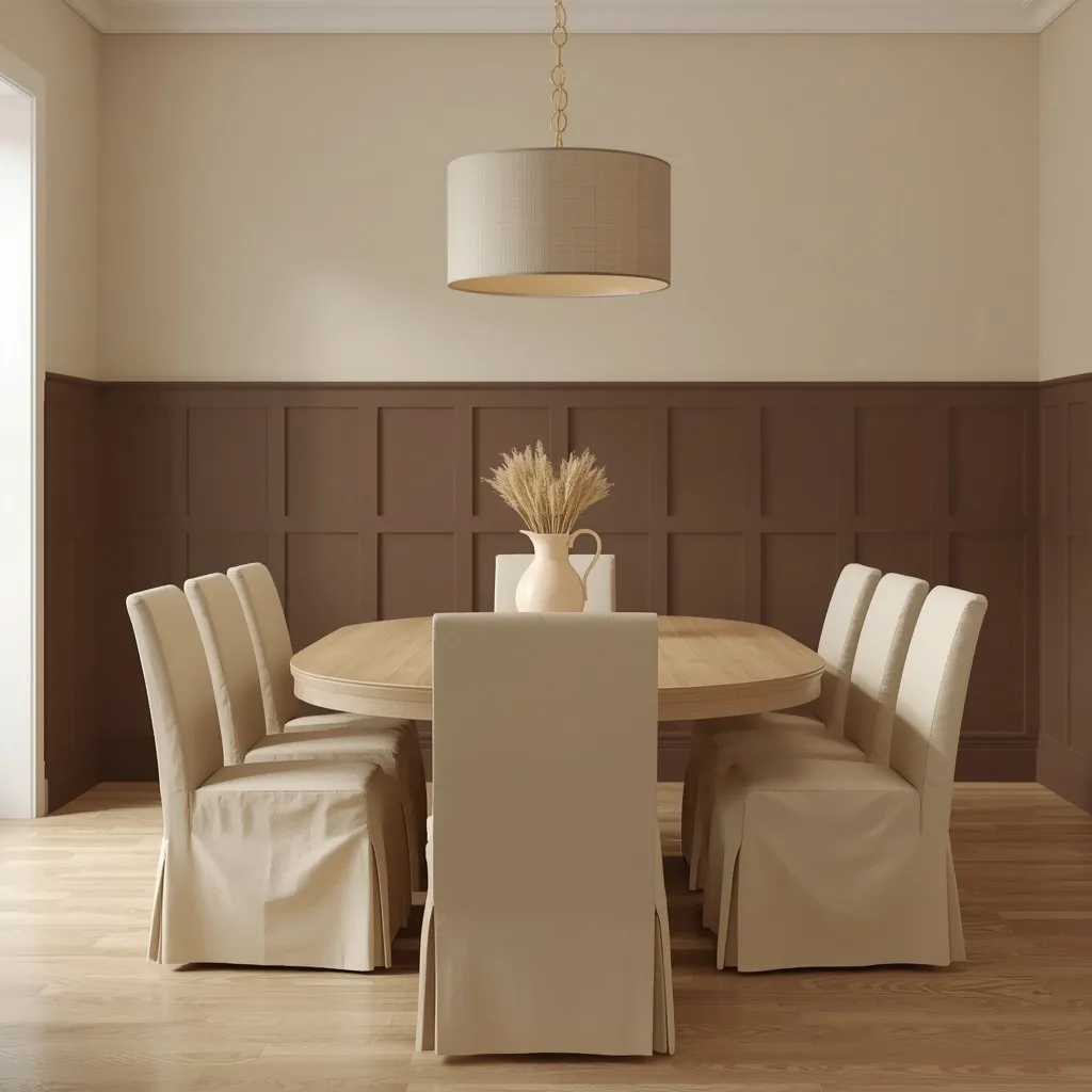 Mocha brown square grid wainscoting under a soft beige wall, with slipcovered linen chairs around an oval wood table and a drum pendant