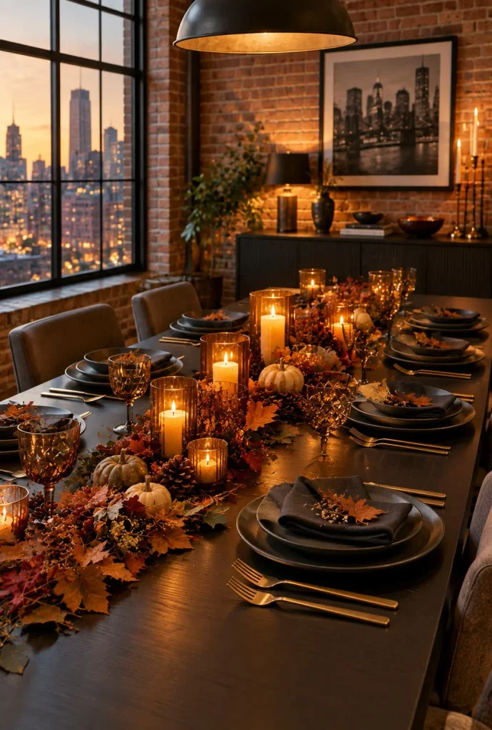Charcoal plates, amber glass candle holders and dried leaves on a black loft dining table