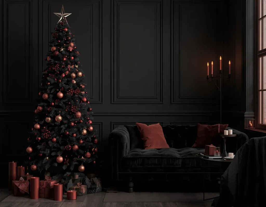 Black Christmas tree with copper and burgundy ornaments and a gold star in a dark paneled living room with a black velvet sofa and candles