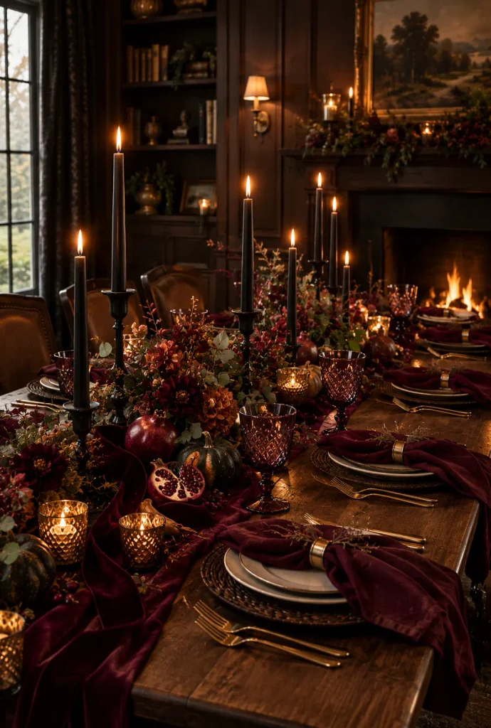 Dark burgundy and plum Thanksgiving table with black candlesticks, velvet ribbon and dried pomegranates