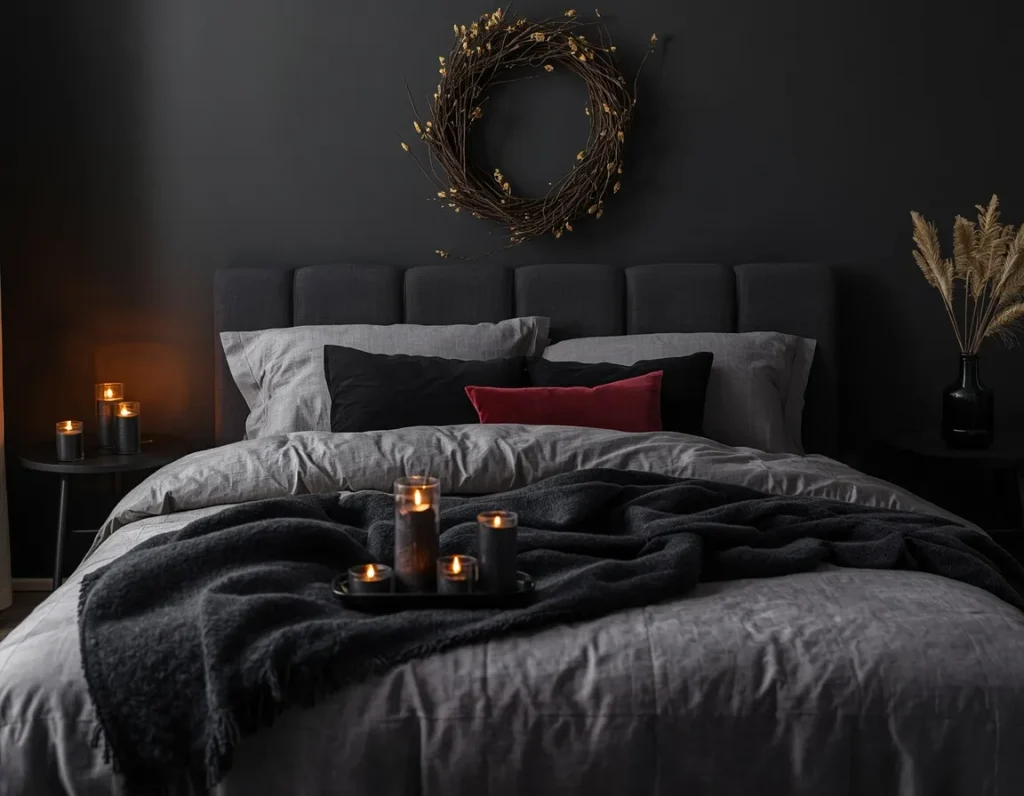 Charcoal grey bedding with a black wool throw, a red velvet pillow, and a tray of candles in a dark bedroom with a twig wreath