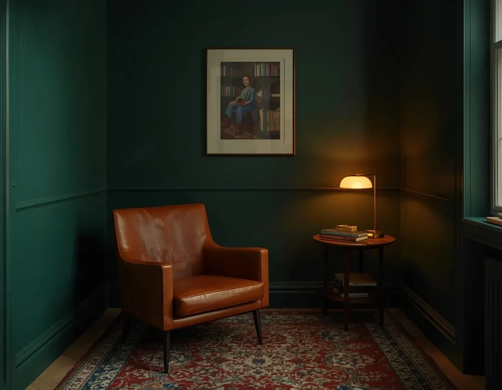 Deep forest green paneled room with a cognac leather armchair, a red Persian rug, and a small table lamp glowing beside a window